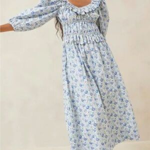 Loeffler Randall Floral Long Sleeve Dress in Blue and White